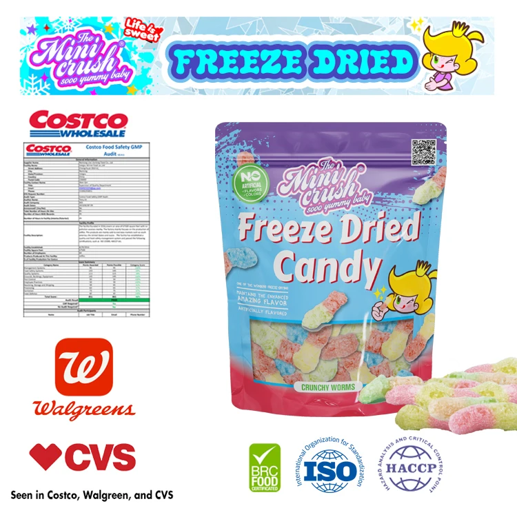 cartoon candy Crunch puffed Candies Wholesale Custom Freeze-Dried gummy sour worms Candy with natural colors&flavors