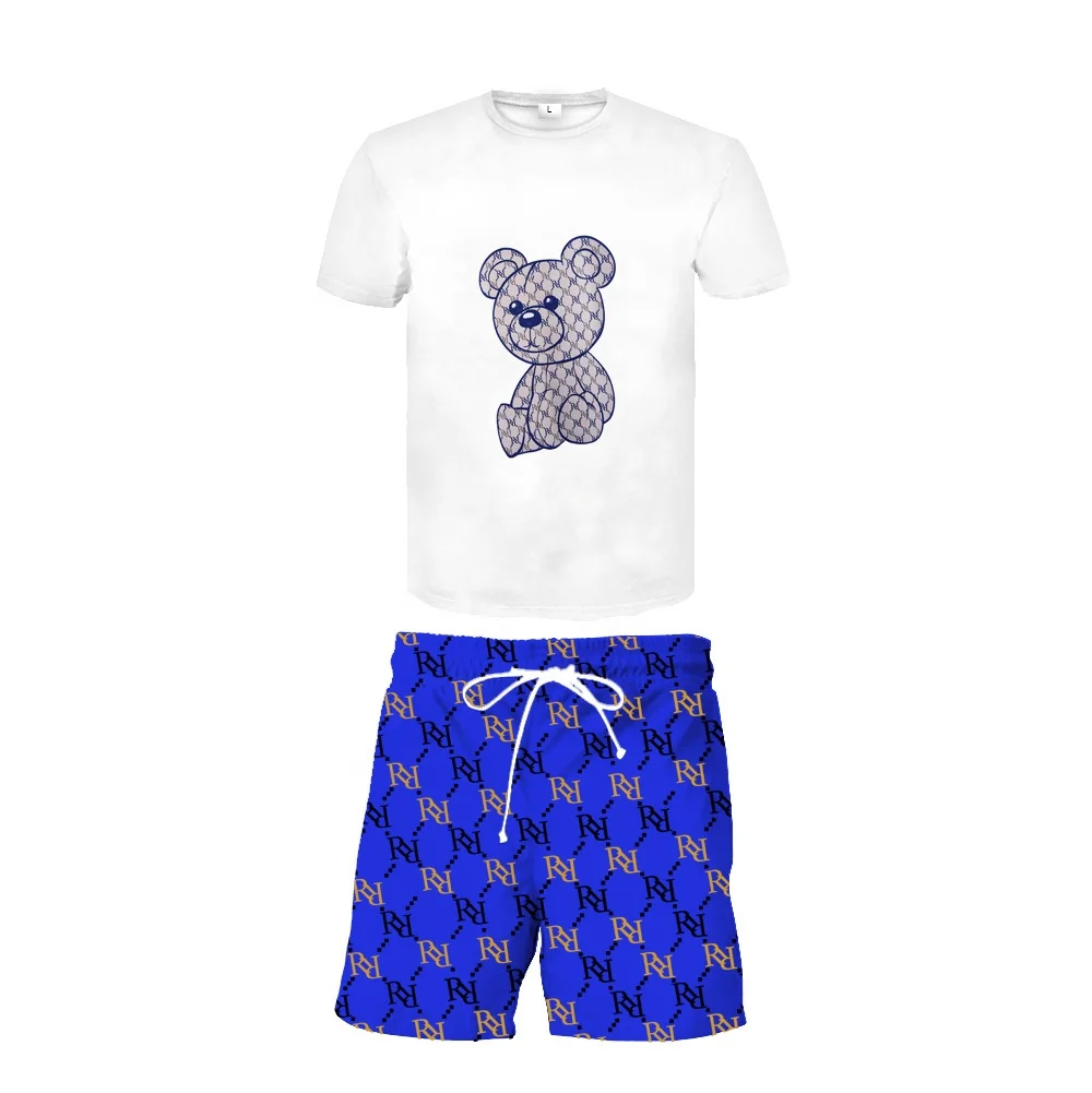 2022 summer Fashion bear Print short Men Clothing two pieces Casual short sets 2 piece suit  t shirt and shorts  4xl plus size