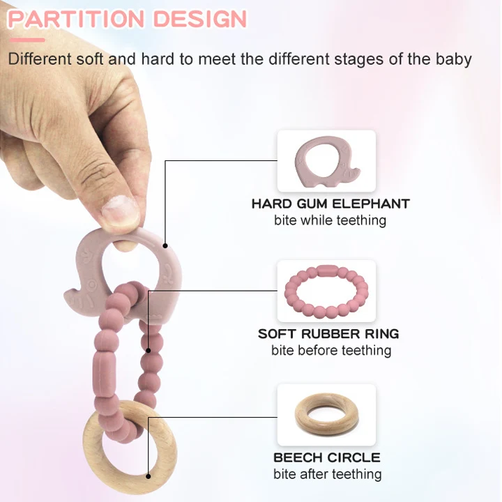 BPA Free Silicone Beads With Wood Ring Durable Three In One Baby Teething Toys