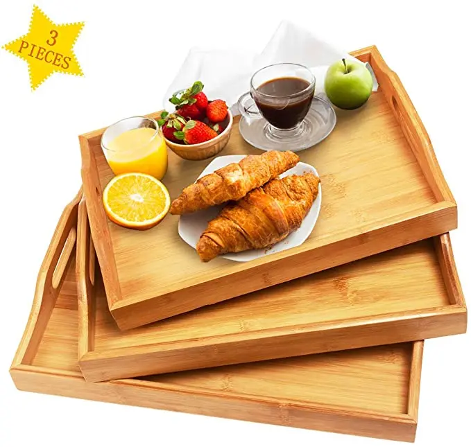 
Serving Tray with Handles - Wood Bamboo Trays for Food Breakfast Dinner Party,Tea Coffee Table Tray Set of 3 