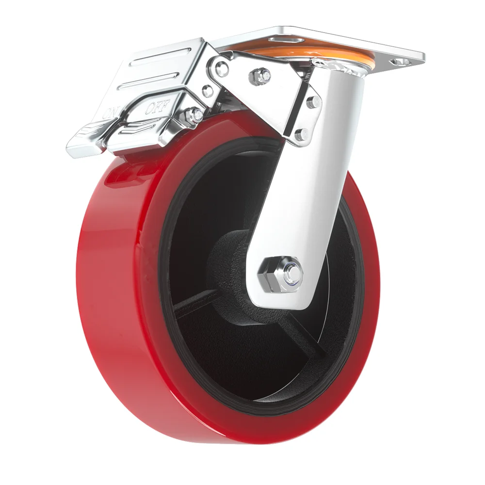 6 8 10inch Heavy duty mute Durable iron core  red polyurethane PU Rigid Swivel caster wheel with brake
