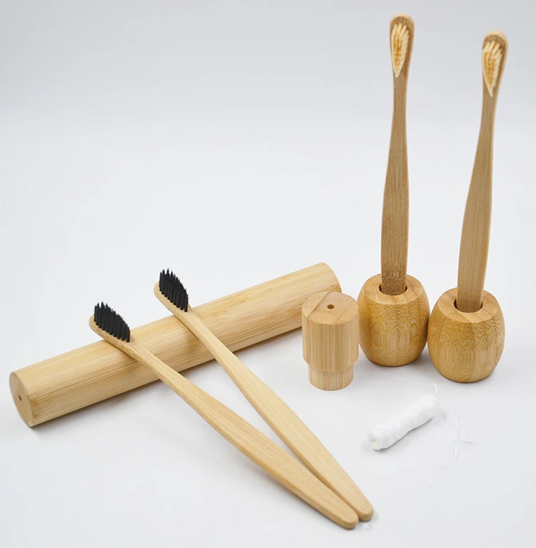 Eco Toothbrush holder bamboo stand round tooth brush base travel set for kids