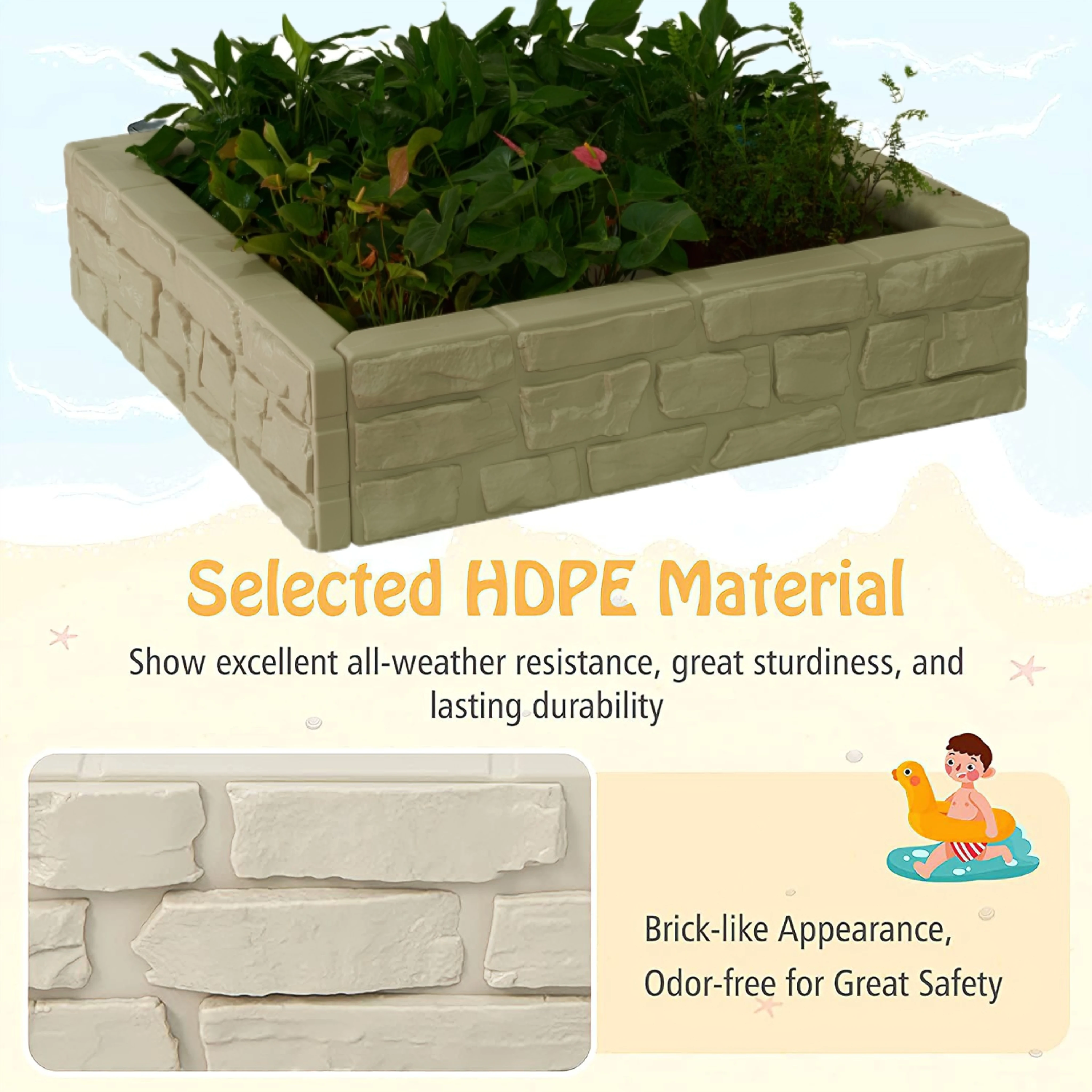 Stylish Durable HDPE 4ft Square Stone-wall Raised Garden Bed Planter for Outdoor Courtyard Garden Park Villa