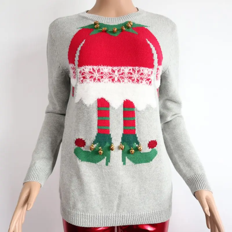 
Ugly Christmas jacquard sweater sequin embroidery knit cardigan and winter Elf ,gift box, pullover with bells ,pompoms 