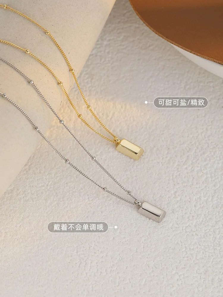 Rectangle gold bar necklace in 2022 new female sterling silver necklace female high design sense niche clavicle chain female