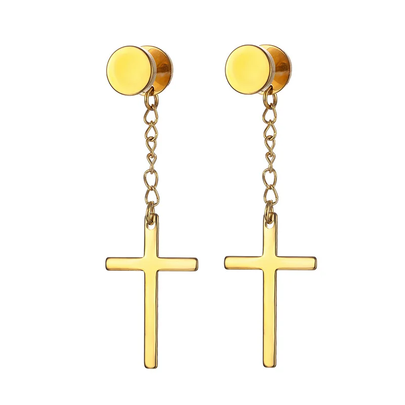 KOMI Big Cross Drop Earrings Round Disc Stud Earrings Simple Temperament Long Cross pendant Earrings for Men Punk Jewelry Gifts