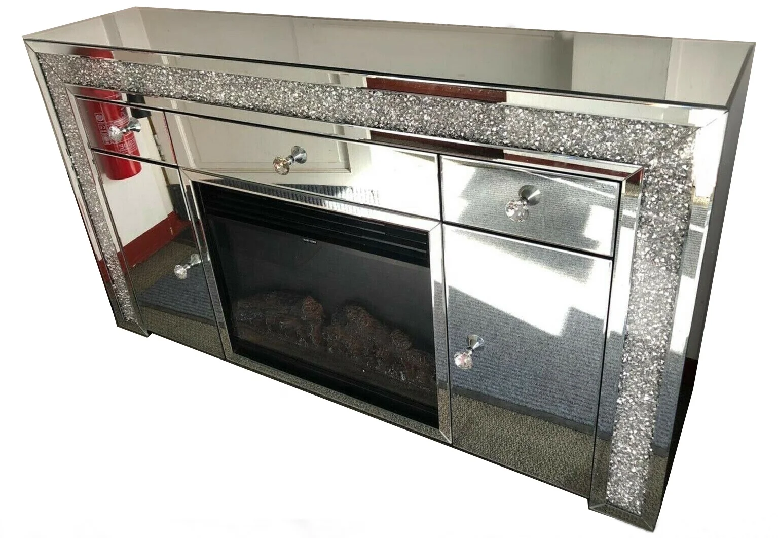 Faux diamond crystal glam mirrored TV console LED light fireplace with bluetooths