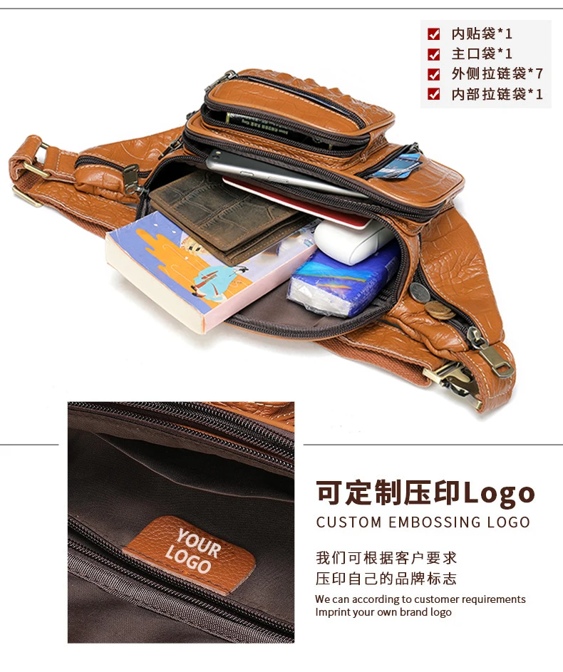 Custom Genuine Leather Large Fanny Pack Crossbody Sling Backpack Waterproof Hip Belt Bag Vintage Waist Bag Crocodile Grain