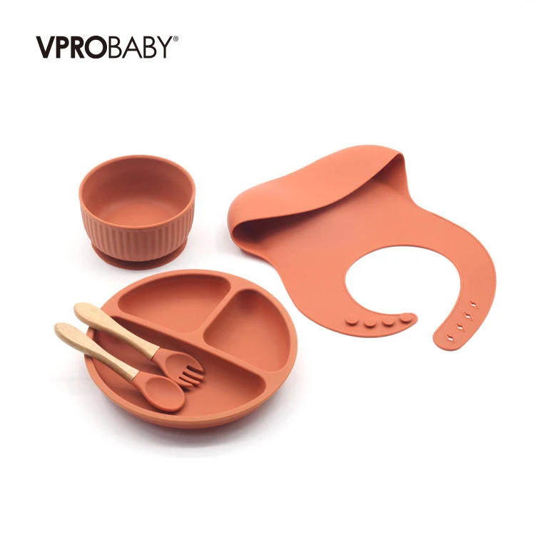 Wholesale stock custom your logo baby plate suction silicone baby silicone bib bowl spoon tableware set