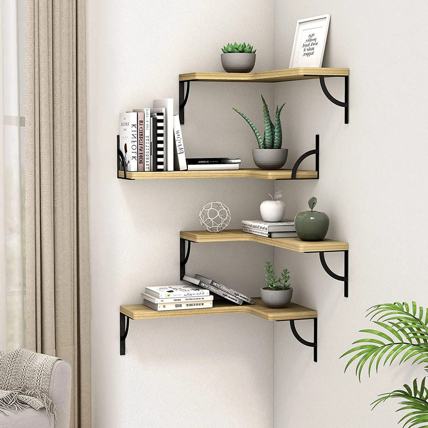 Corner floating shelf wall mounted 4-piece set, wooden wall frame suitable for living room bedroom bathroom kitchen decoration