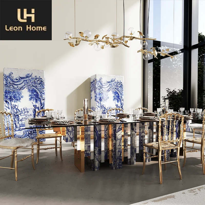 High quality craftmanship hand painted blue and white antique dining room tables rectangle glass top luxury dining table