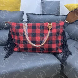 JUNZHI Red Black Buffalo Weekender Fringe Plaid Bag