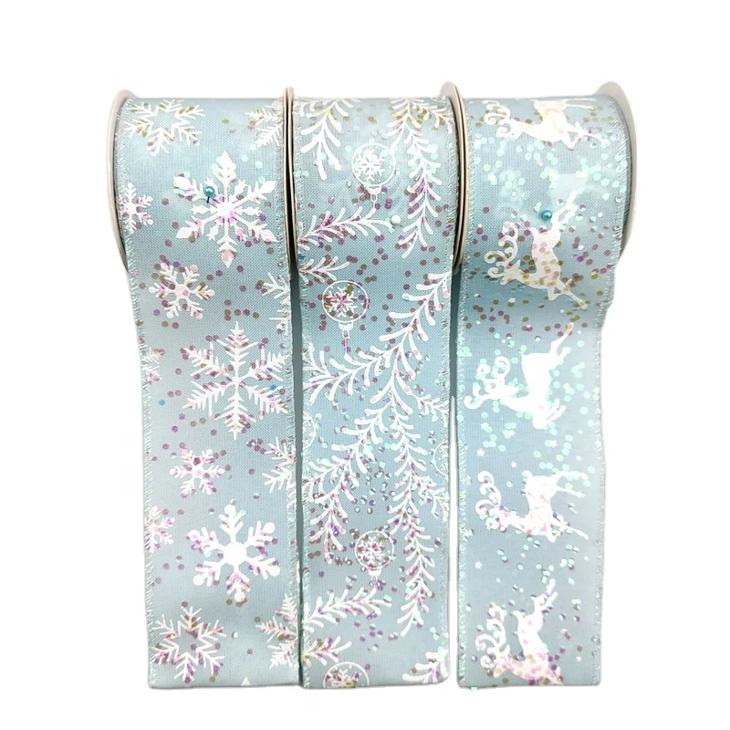 HL521102 Wholesale 6.3 cm 2.5 inch  Glitter sequin ice blue Christmas Ribbon wired ribbons of blue