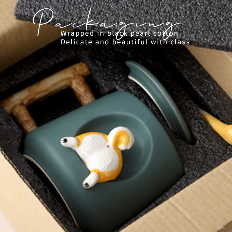High Quality Custom 420ml Cute Cartoon Office Ceramic Coffee Shiba Inu Mug With Lid And Spoon Gift