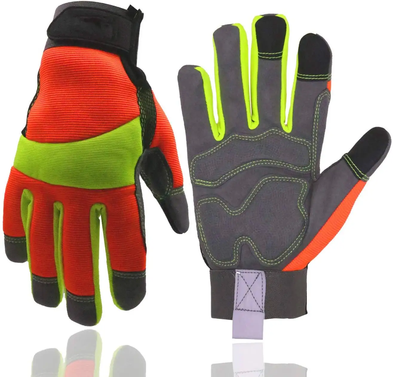 High Visibility Fluorescent Cheap Elastic Synthetic Leather Microfiber Touch Screen Impact Mechanic Gardening Safety Work Gloves