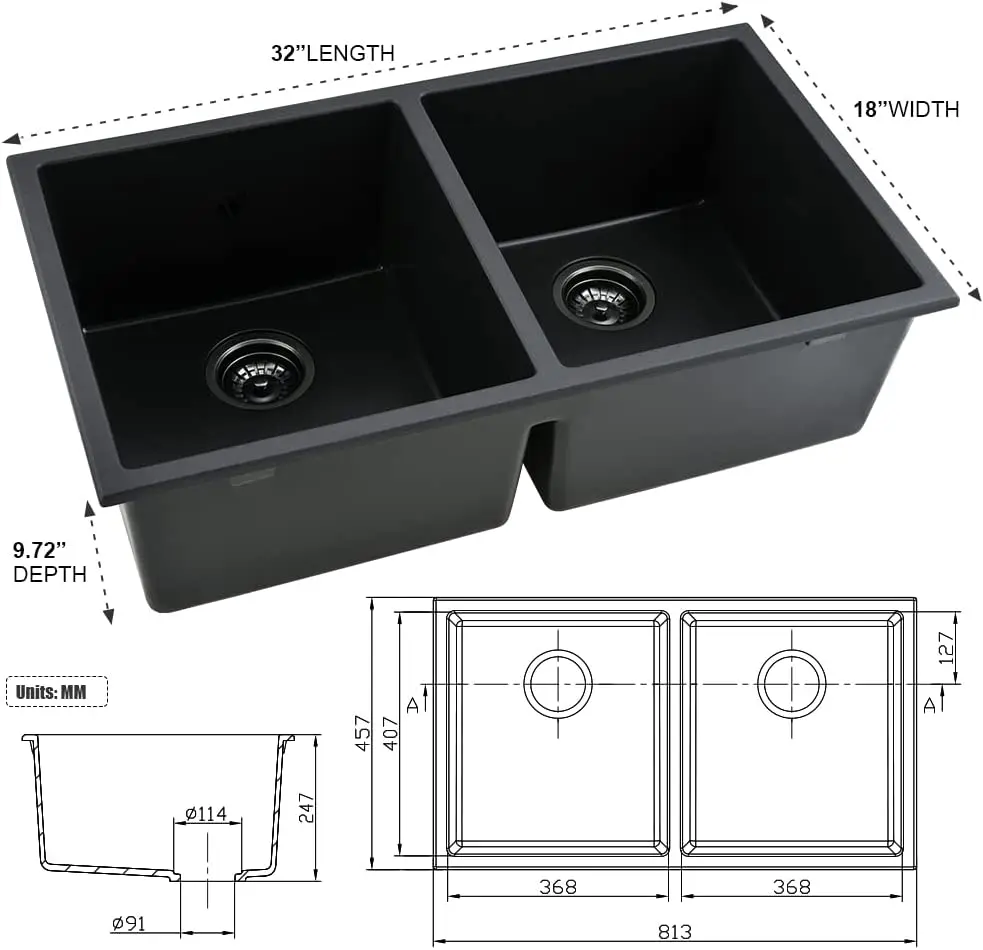 Black Quartz Kitchen Sink Undermount Composite Undermount Granite 50/50 Double Sink