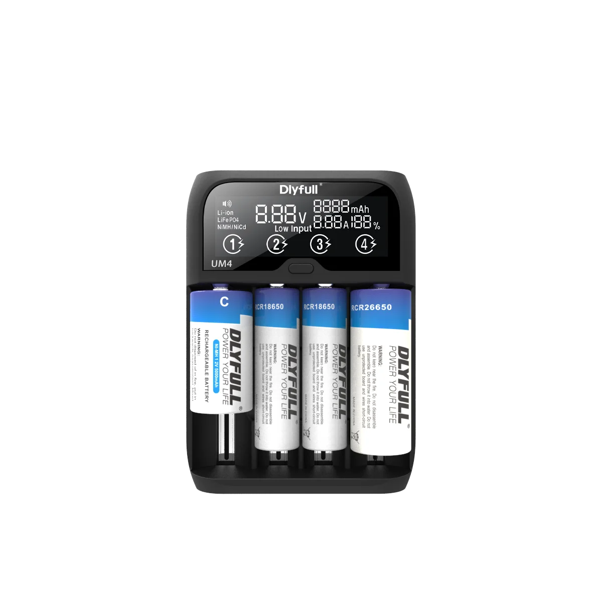Dlyfull UM4 Type C USB Charger with LCD Display for 3.6V/3.7V Li-ion battery, 3.2V LiFePO4 and 1.2V N-MH/CD Batteries