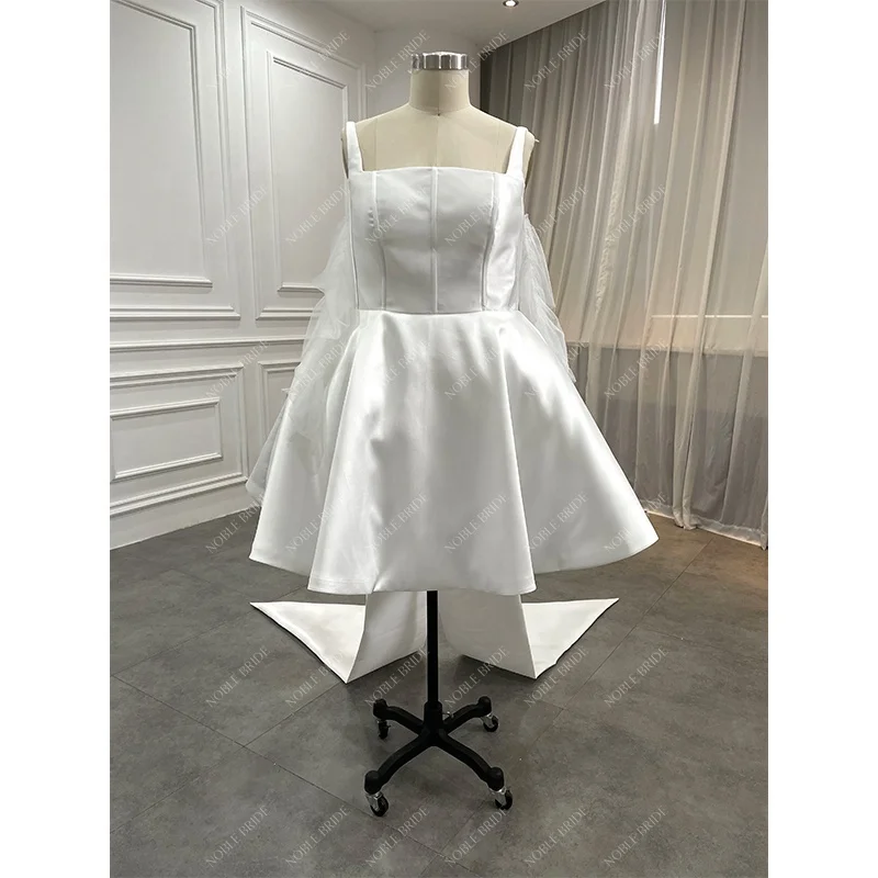 Women Short Satin Party Gowns Long Sleeves Civil Boat Neckline Mini Mikado Wear Princess Bridal Corset Wedding Dresses with Bow