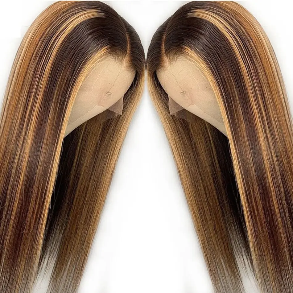 Highlight Straight Lace Front Wig P4/27 Honey Blonde Brown Pre Plucked Brazilian Remy Lace Frontal Human Hair Wigs For Women