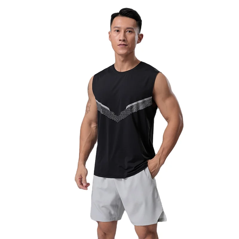 Men Stretch Cool Dry Muscle Tank Tops Athletic Crewneck Sleeveless Workout Running Shirts with Reflective Stripe