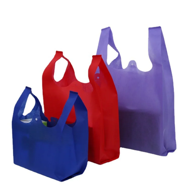 Custom Eco Friendly Reusable D Cut Non woven Supermarket Vest Pack Tote T-Shirt Shopping Bag W Cut PP-Nonwoven T Shirt Bag