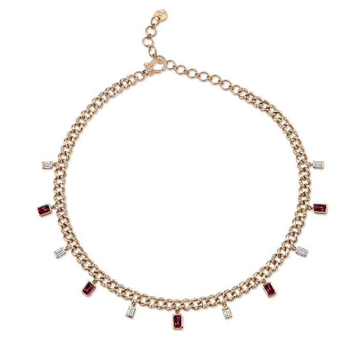 White gold plated gemstone diamond baguette drop womens cuban choker necklace