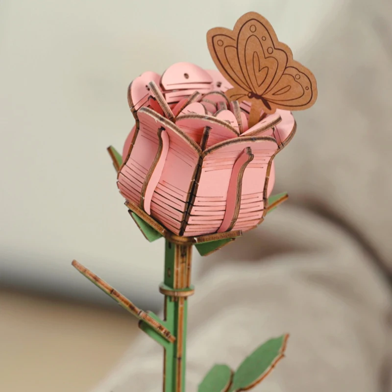 Robotime Rolife Home Decoration Miniature Toys TW041 Pink Rose Flower Model Wooden Bloom Craft DIY 3D Puzzles