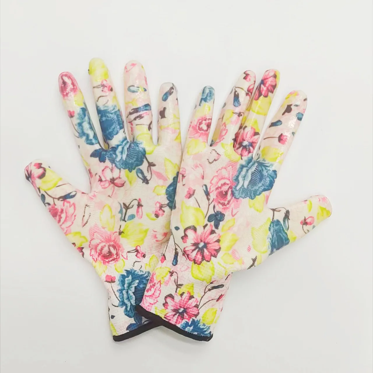 Wholesale Colorful Cheap Floral Lined Nitrile Palm Coated Landscaping Planting Flowers Garden Glove Luvas Guantes Nitrile Dipped