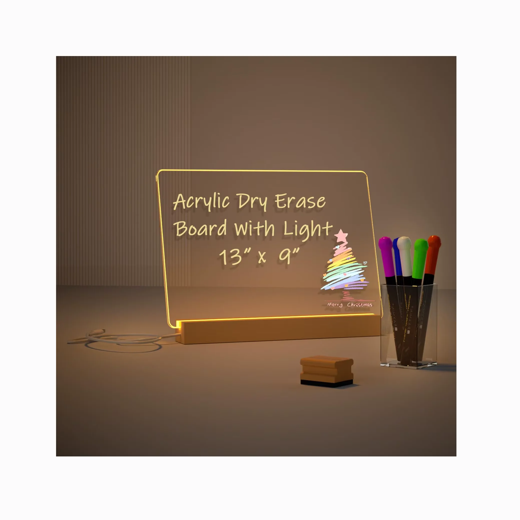 Acrylic Dry Erase Board with Light Up Stand Notepad Table LED Clear Desktop Note Memo White Board