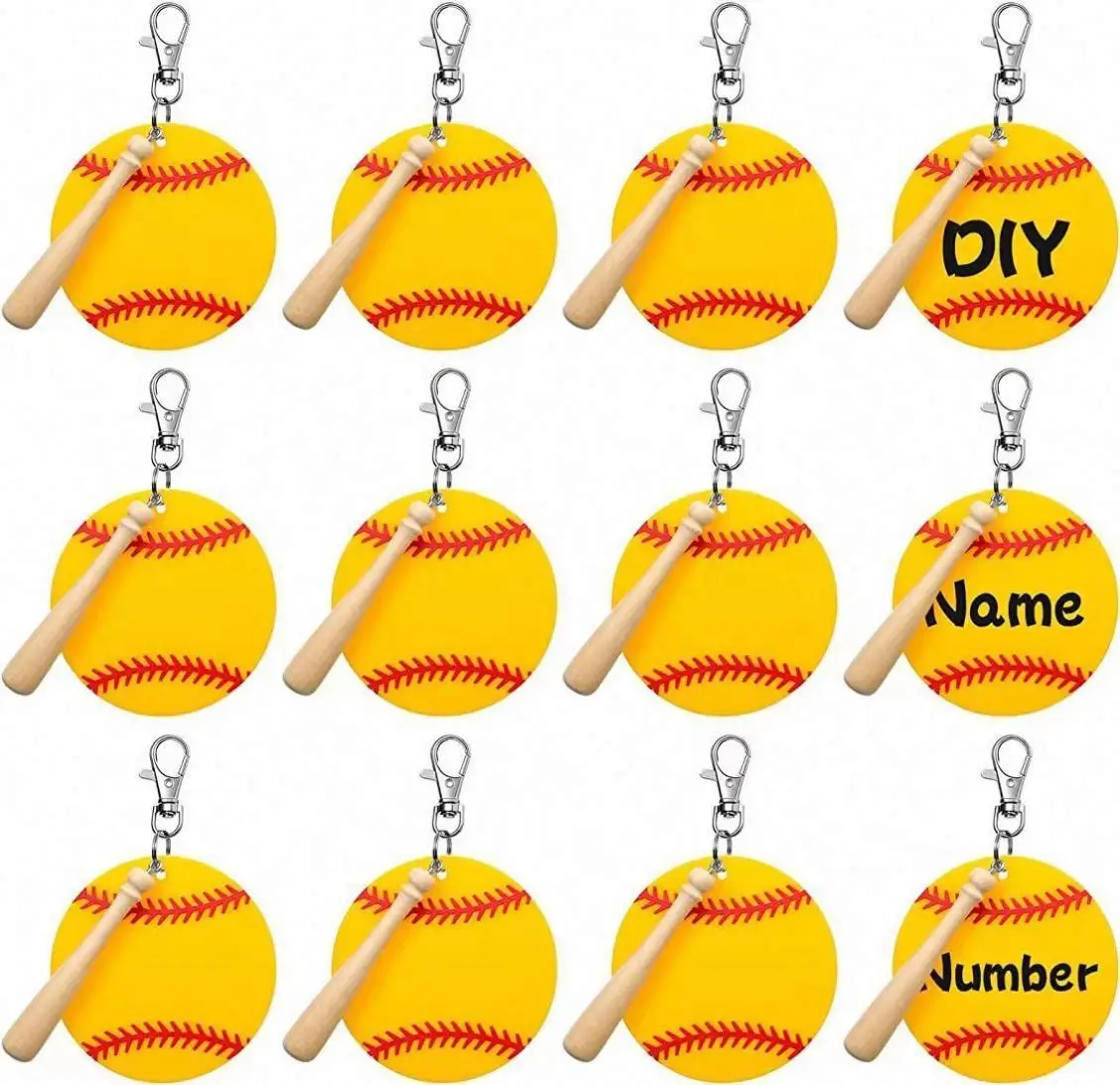 Baseball Wood Bat for DIY Sports Party Baseball Key Chains 12 Set Baseball Softball Blanks Acrylic Keychain Kit with Miniature