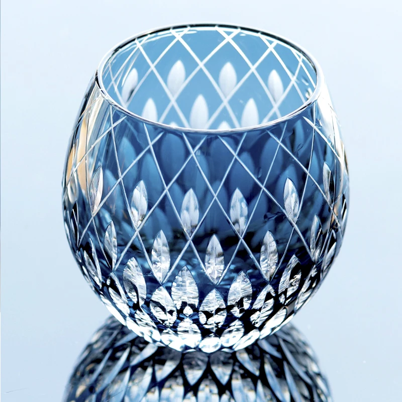Luxury Japanese Edo Kiriko Style Egg-Shape Rocks Glass Cup Deep Blue Whiskey & Brandy Tumbler Cold Drinking Old Fashioned Design