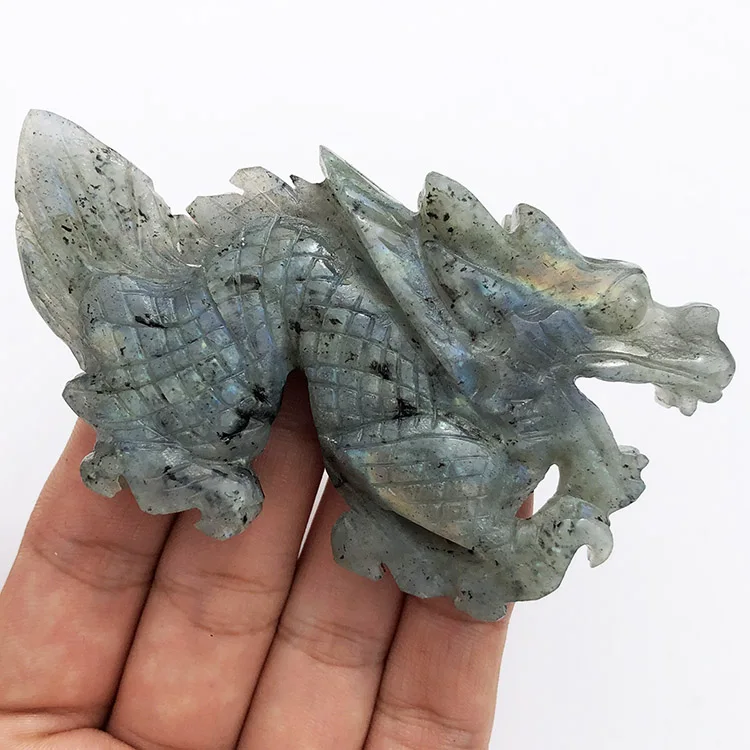 Hand carved natural flashy labradorite crystal chinese dragon carving dragon statue