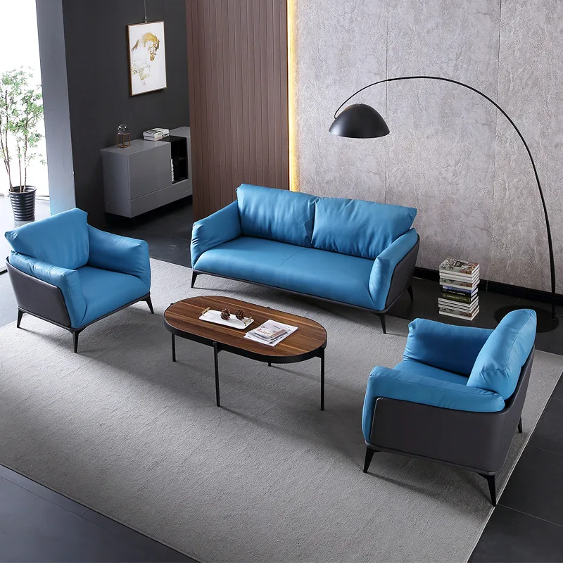 Popular modern blue leather sofa set furniture 1+1+3 sectional couch living room sofas