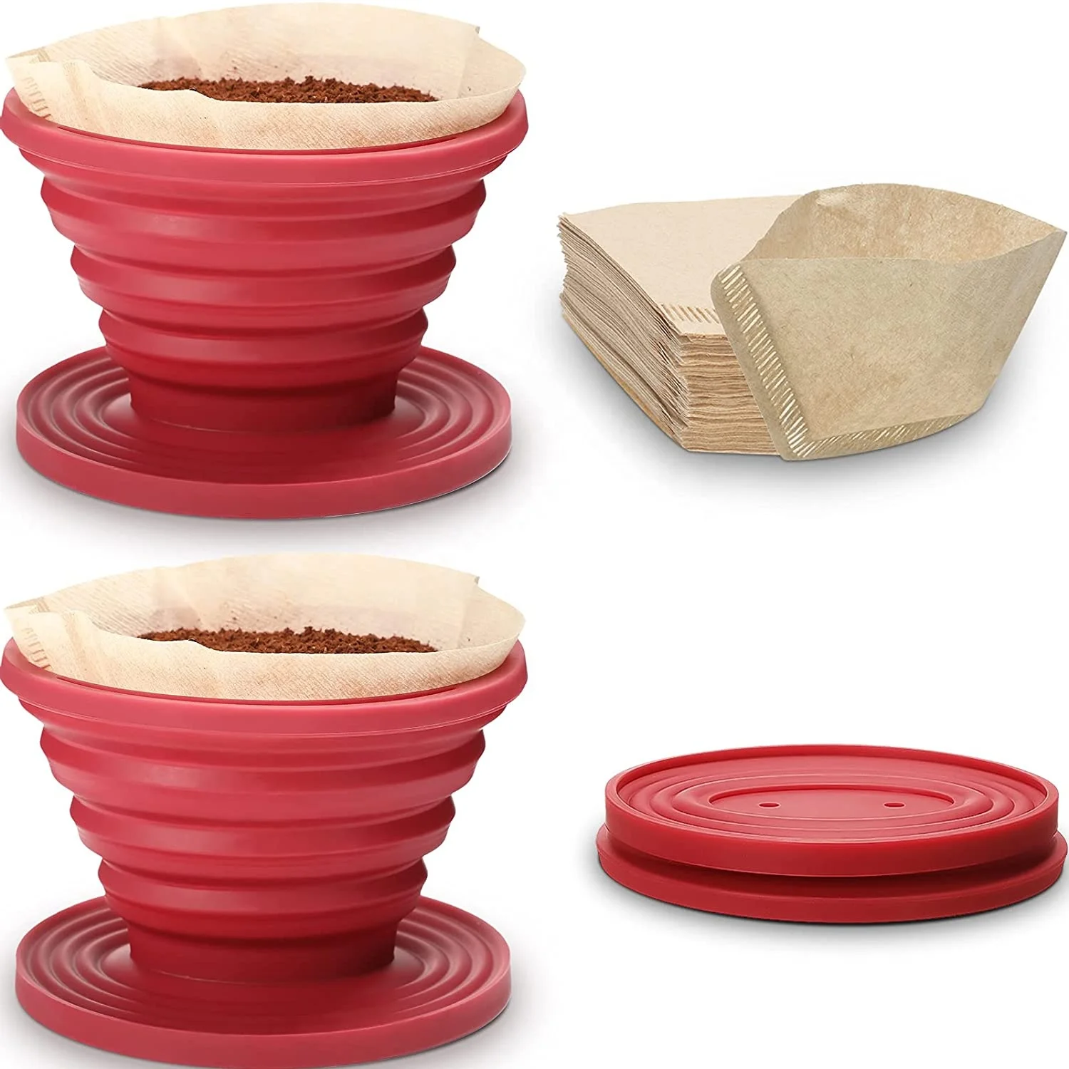2023 Hot Sale Collapsible Coffee Dripper Easy Red Manual Coffee Brew Maker Unbleached Paper Filters for Outdoor