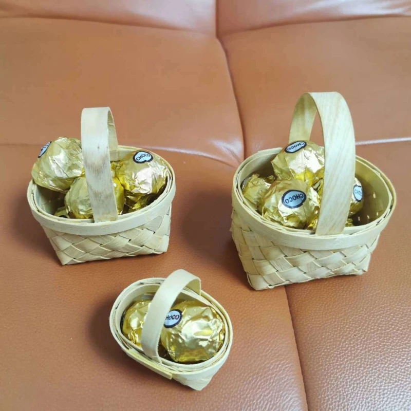 Wood Chips Set Of 3 Woven Storage Basket With Leather Handles Rattan Sundries Basket