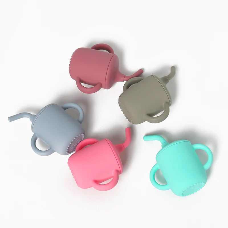 Silicone Baby Toddler Infant Drinking Training Spill Proof Sippy Cup with Straw Spout Lid Handles