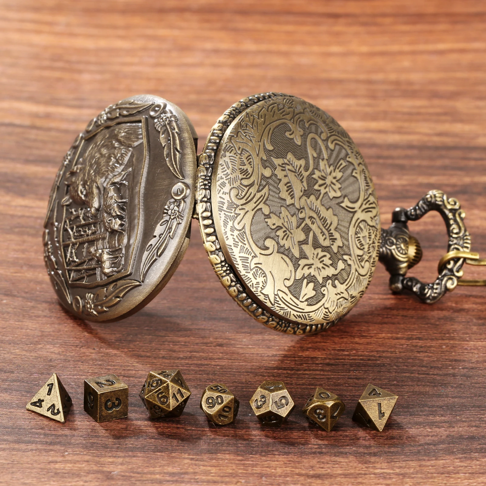 Dnd Dungeons & Dragons Mini Board Game Cosplay Dice Metal Dice Set Dnd With Wolf Design Bronze Pocket Watch Case