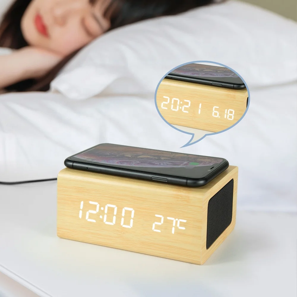 Wireless Phone Charger Wood LED Time Alarm Clock with Speaker