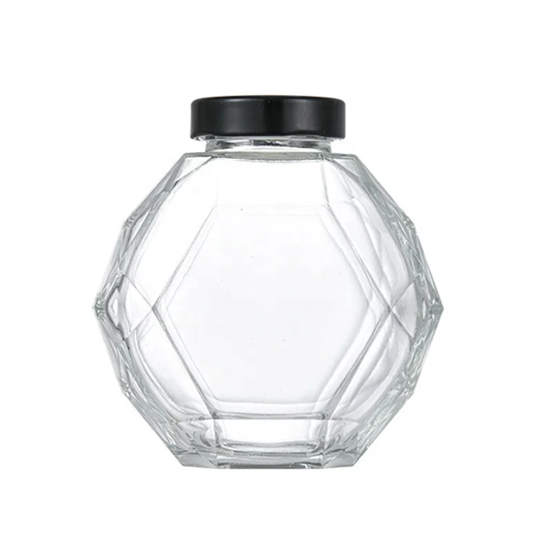 14 Ounces Hexagon Honey Pot of 500g honey Diamond Glass Jar with metal Lid Cover for Home Kitchen