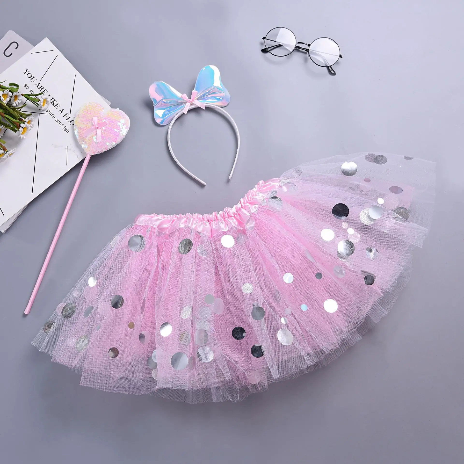 Pink Tulle tutu Skirt Baby Girl Birthday Party Princess Dress Angel Costume with fairy wand