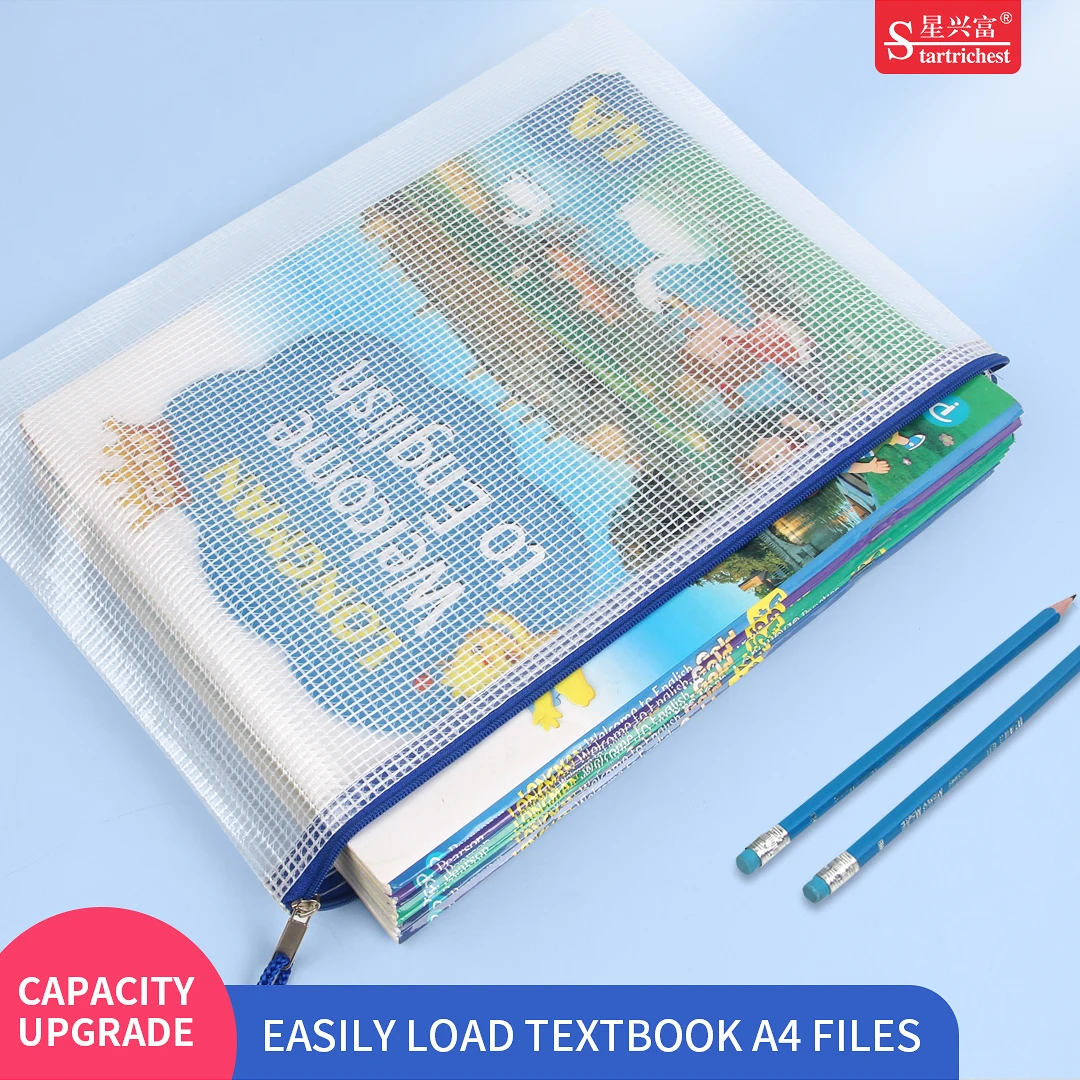 Custom Filing Products A4 Grid Zipper bag Wallets Folders PVC Transparent Mesh Document Bags for File Storage Paper Organization