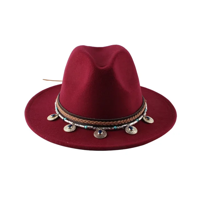 Hot Sale Fashion Autumn Winter Wool Felt Ribbon Rope Jazz Bowler Hat for