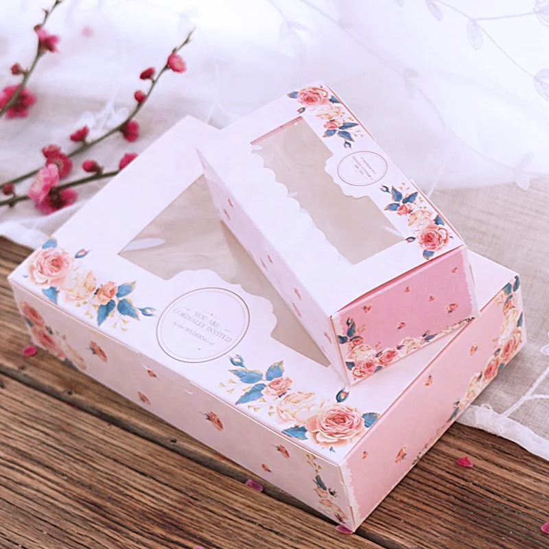 Wedding Party Pink Rose Wreath Gift Kraft Candy  Cupcake Food Packaging Cake Cookies Paper Box With Window