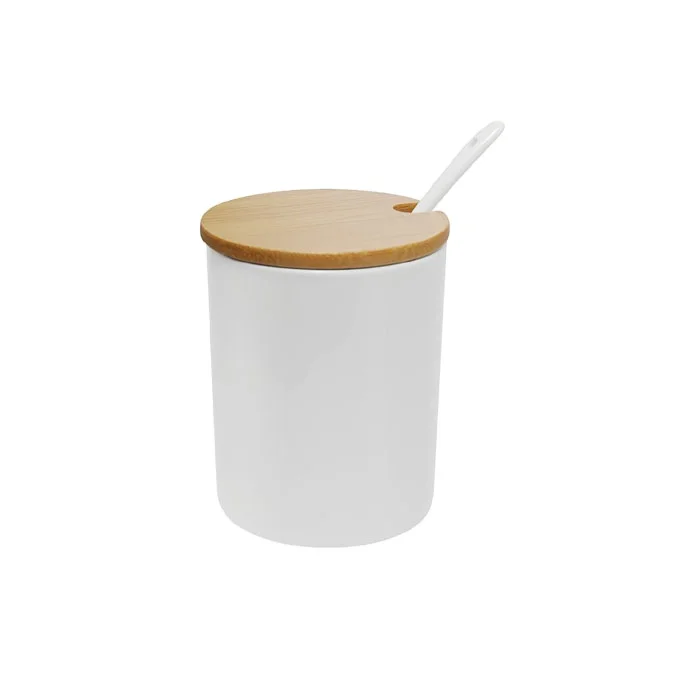 Wholesale ceramic sugar bowl with bamboo lid and spoon for home or kitchen