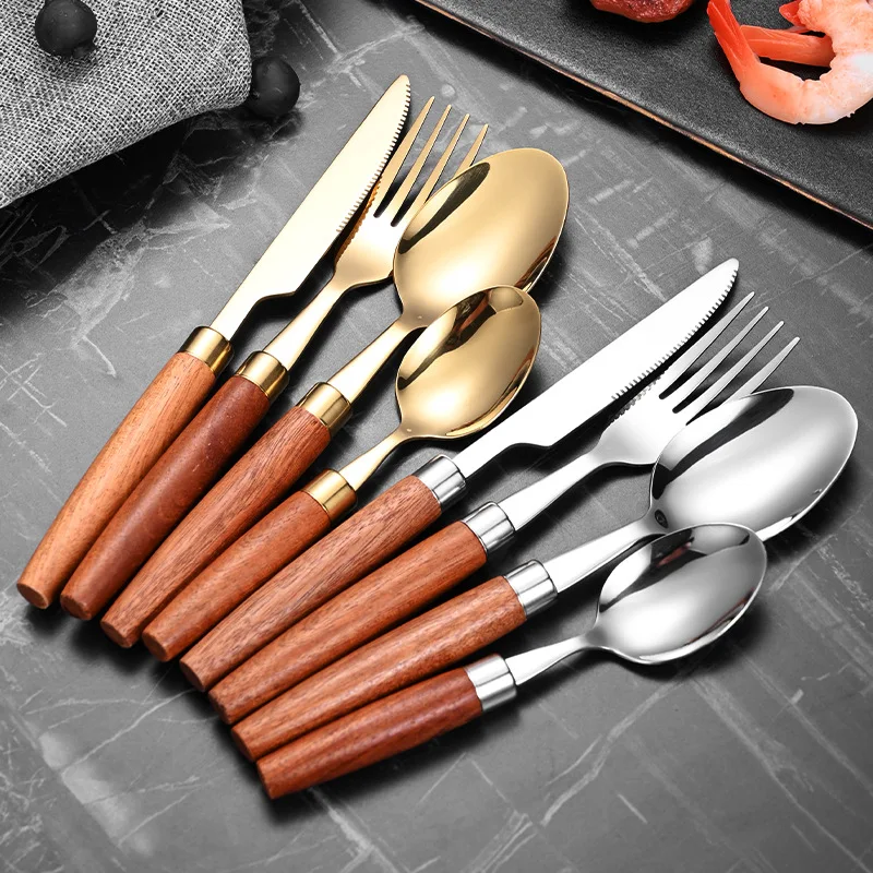wood handle four pieces 304 stainless steel cutlery set for restaurant kitchen cutlery
