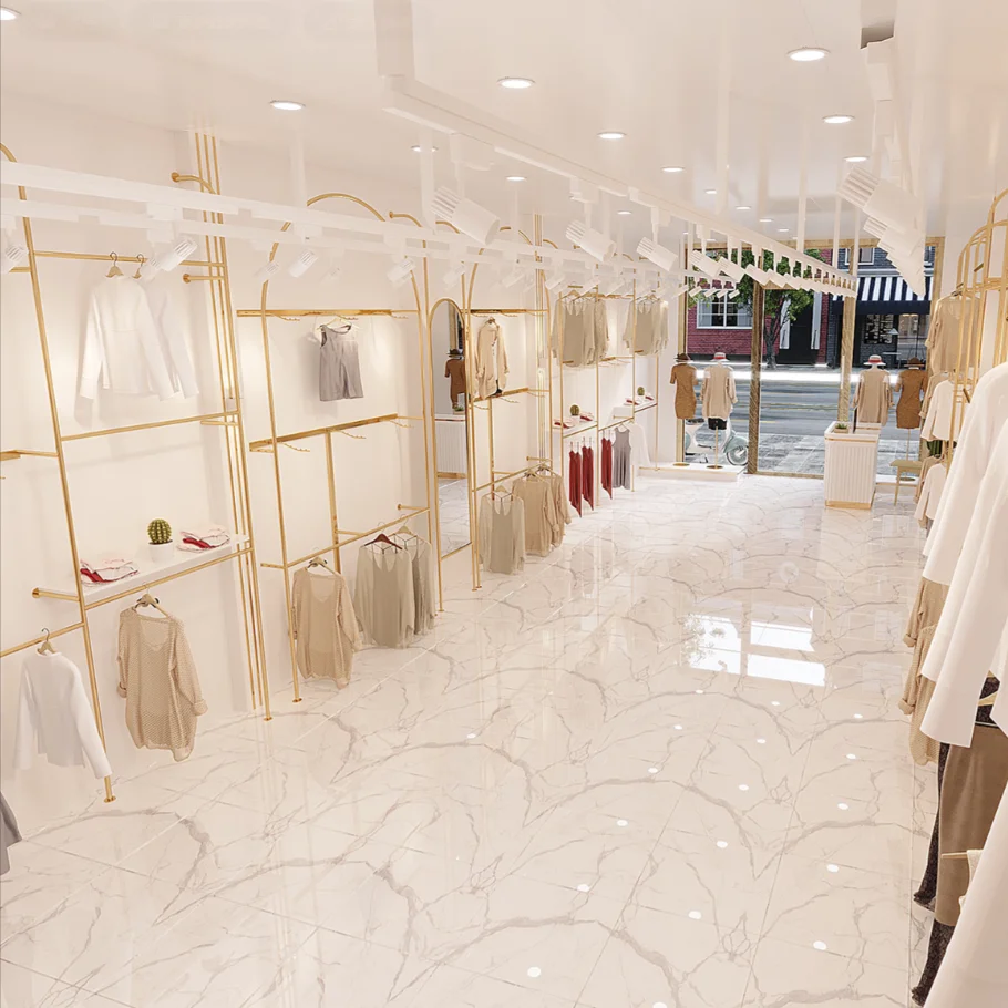 Custom Boutique Furniture Gold Stainless Steel Clothes Wall Display Shelf Hot Retail Fashion Girl Clothing Store Display Rack