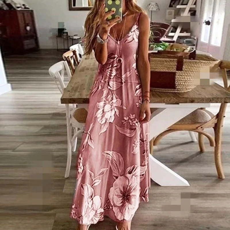 Bohemian Slip Dress Summer Sleeveless Backless Floral Casual Maxi Dress Sundresses For Women