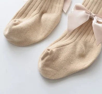 Plain Rib Big Bowknot Crew Custom Cotton Children Girl Tights for Kids Breathable