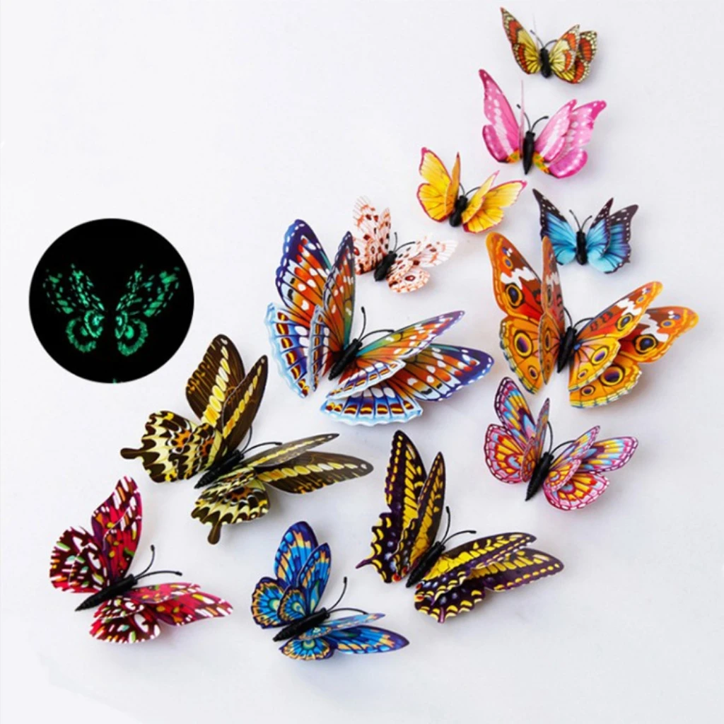 12 sheets/bag Luminous Double Layer Set Magnetic Butterfly sticker Wallpaper Cosmetic Store Decoration Photo Studio Wall Sticker