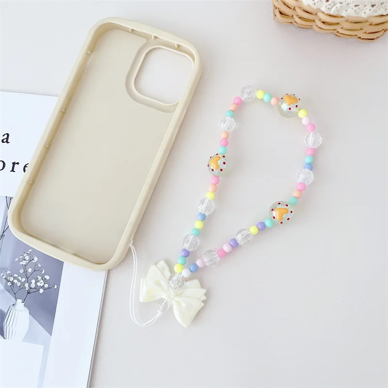 Trendy Colorful Handmade Beaded Phone Chain Love Pendant for Girls Phone Case Decoration